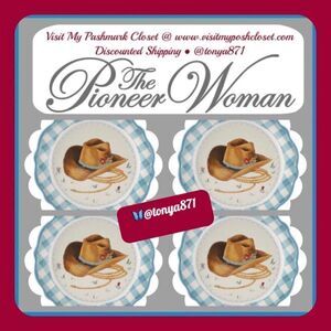 🦋 New Pioneer Woman Cowboy Hat Appetizers 7"d Teal Blue Gingham Plates Set of 4